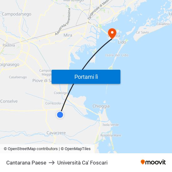 Cantarana Paese to Università Ca' Foscari map