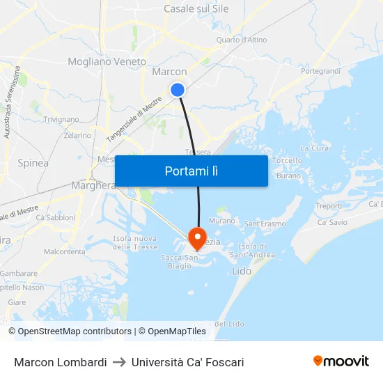 Marcon Lombardi to Università Ca' Foscari map