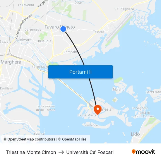 Triestina Monte Cimon to Università Ca' Foscari map