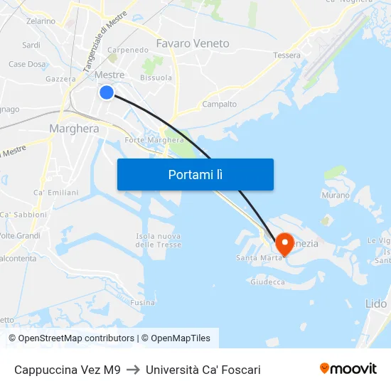 Cappuccina Vez M9 to Università Ca' Foscari map