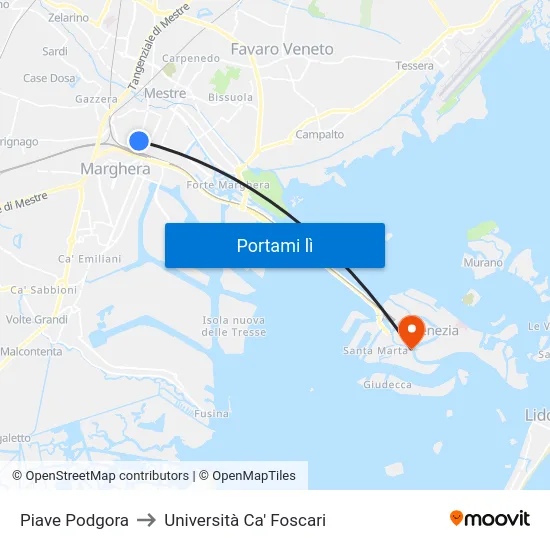 Piave Podgora to Università Ca' Foscari map