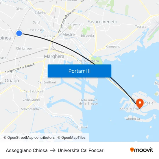 Asseggiano Chiesa to Università Ca' Foscari map