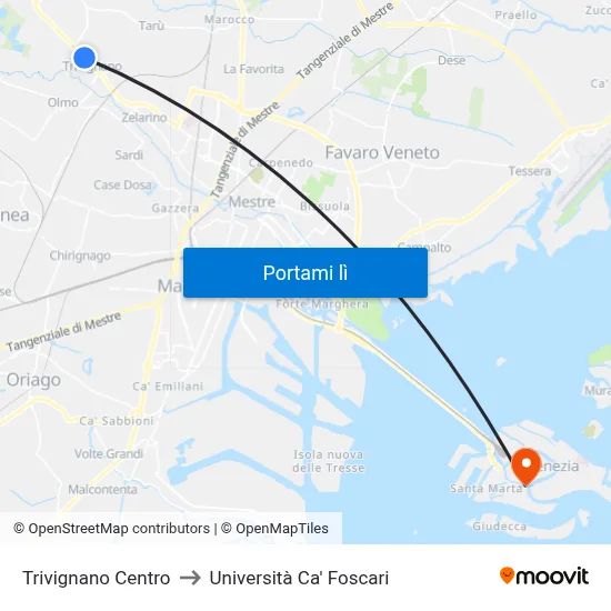 Trivignano Centro to Università Ca' Foscari map