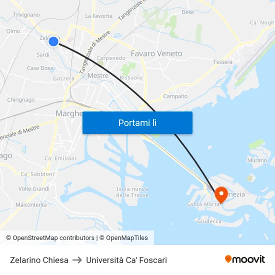 Zelarino Chiesa to Università Ca' Foscari map