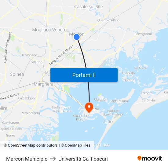 Marcon Municipio to Università Ca' Foscari map