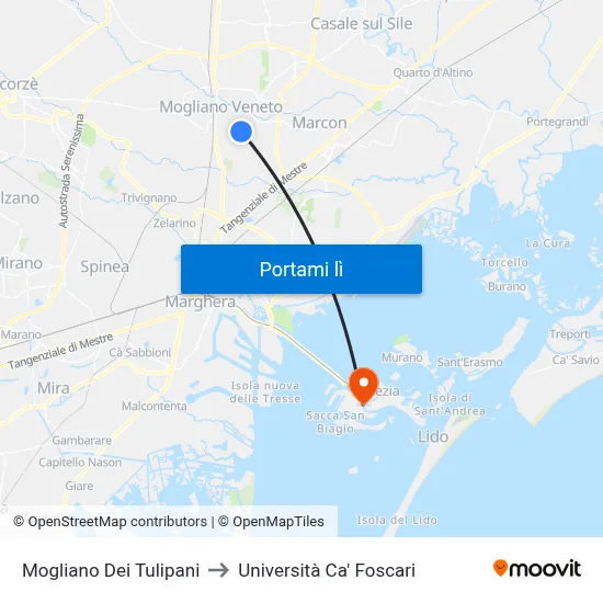 Mogliano Dei Tulipani to Università Ca' Foscari map