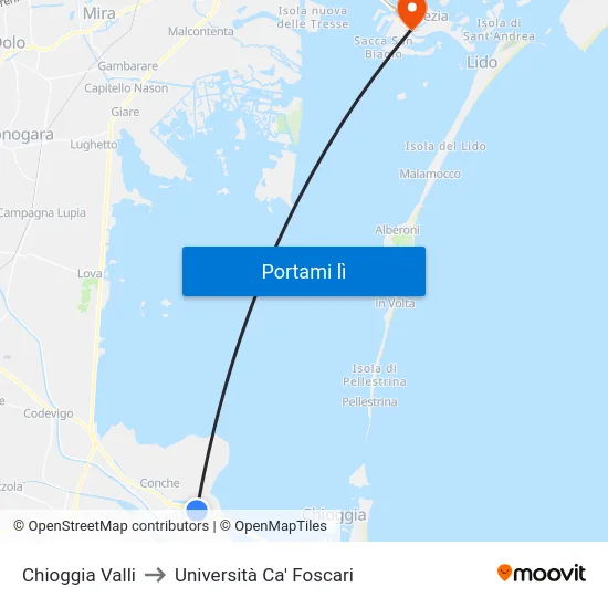 Chioggia Valli to Università Ca' Foscari map
