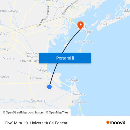 Cive' Mira to Università Ca' Foscari map