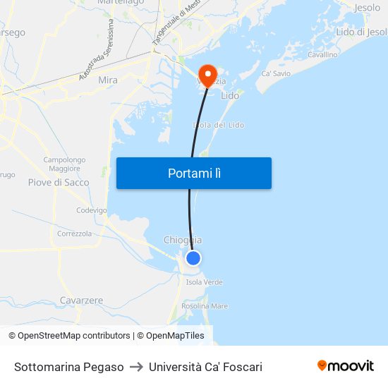Sottomarina Pegaso to Università Ca' Foscari map