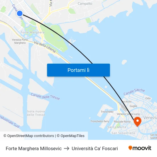 Forte Marghera Millosevic to Università Ca' Foscari map