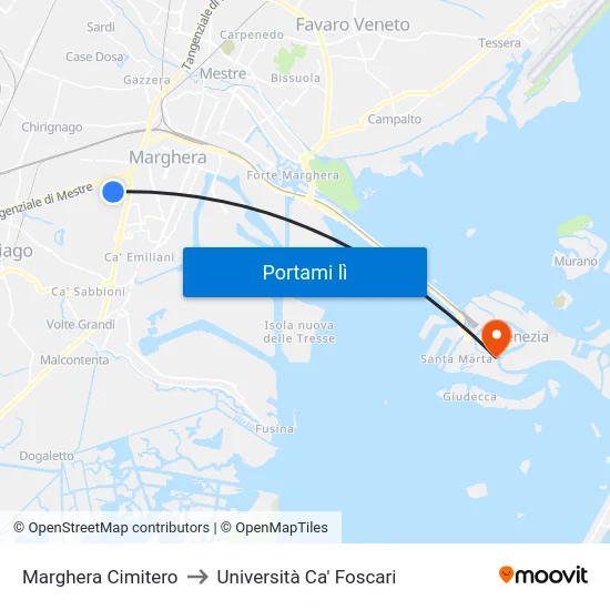 Marghera Cimitero to Università Ca' Foscari map