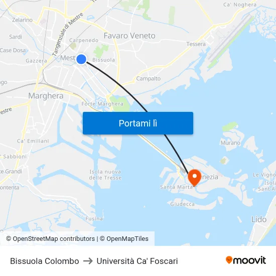 Bissuola Colombo to Università Ca' Foscari map