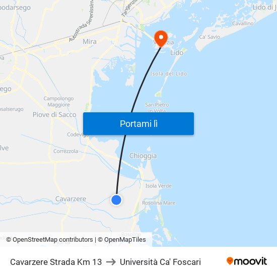 Cavarzere Strada Km 13 to Università Ca' Foscari map