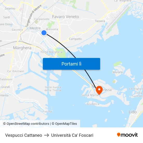 Vespucci Cattaneo to Università Ca' Foscari map