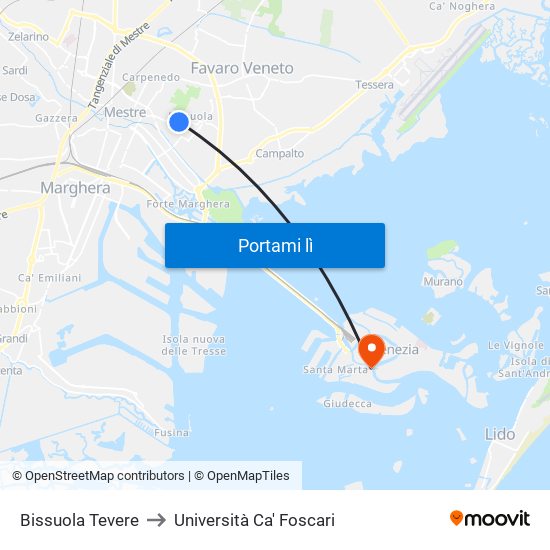 Bissuola Tevere to Università Ca' Foscari map