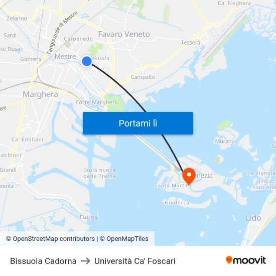 Bissuola Cadorna to Università Ca' Foscari map