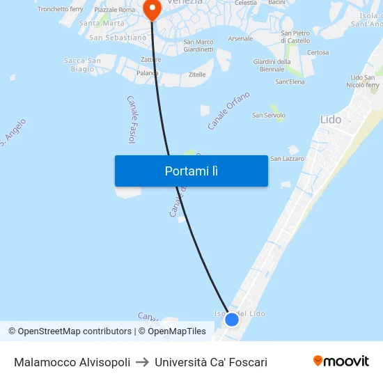Malamocco Alvisopoli to Università Ca' Foscari map