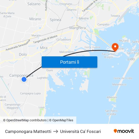 Camponogara Matteotti to Università Ca' Foscari map