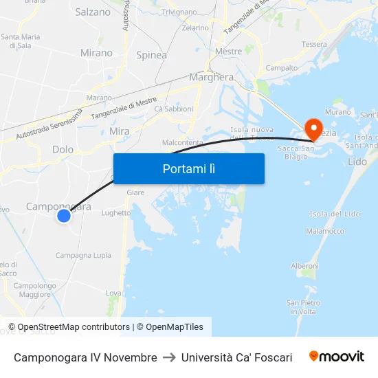 Camponogara IV Novembre to Università Ca' Foscari map
