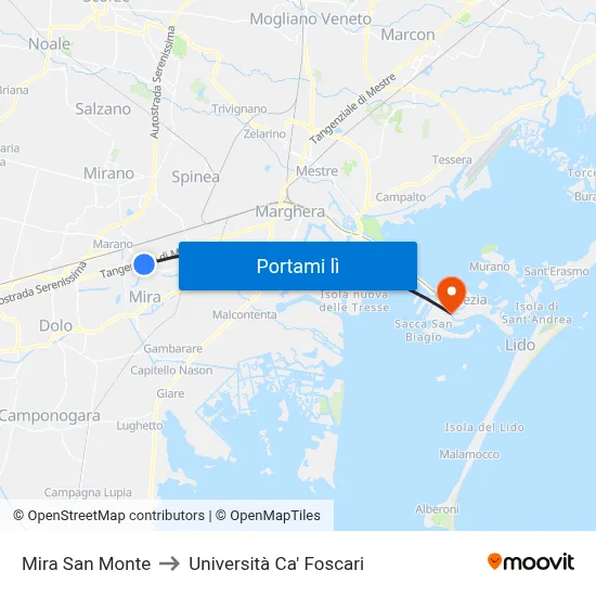 Mira San Monte to Università Ca' Foscari map
