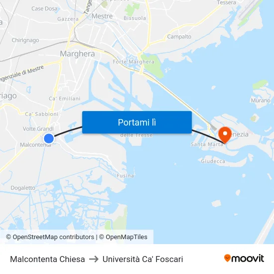 Malcontenta Chiesa to Università Ca' Foscari map