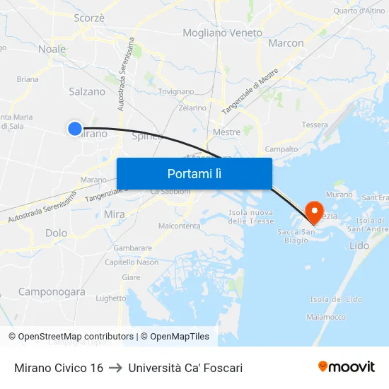 Mirano Civico 16 to Università Ca' Foscari map