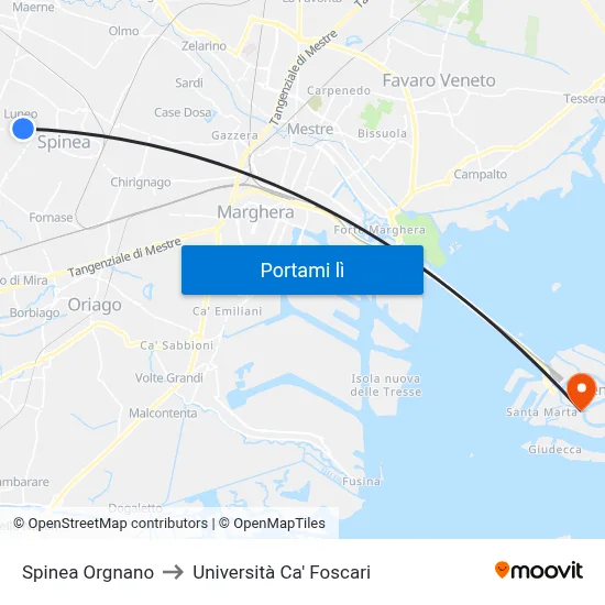 Spinea Orgnano to Università Ca' Foscari map
