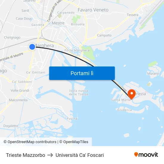 Trieste Mazzorbo to Università Ca' Foscari map