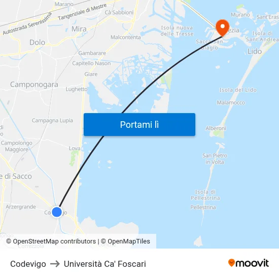 Codevigo to Università Ca' Foscari map