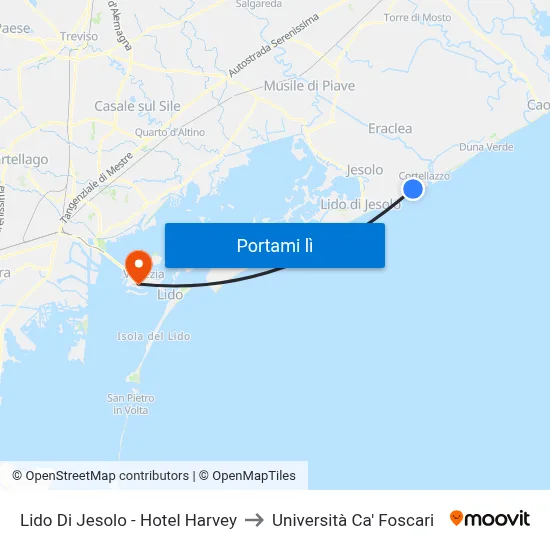 Lido Di Jesolo - Hotel Harvey to Università Ca' Foscari map