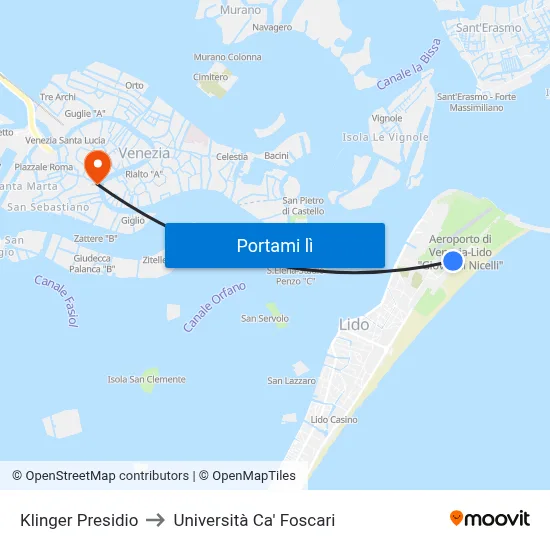 Klinger Presidio to Università Ca' Foscari map