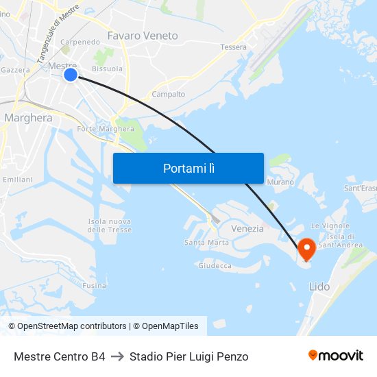 Mestre Centro B4 to Stadio Pier Luigi Penzo map