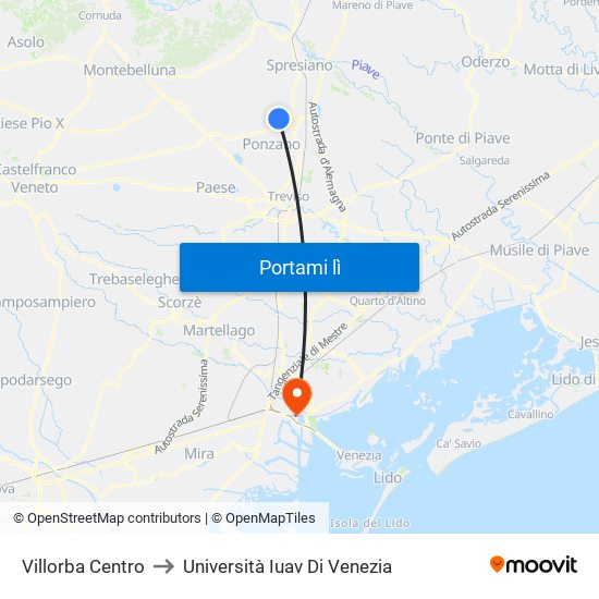 Villorba Centro to Università Iuav Di Venezia map
