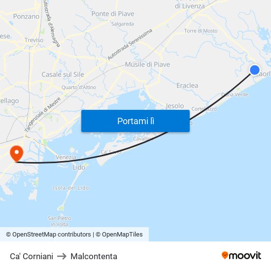 Ca' Corniani to Malcontenta map