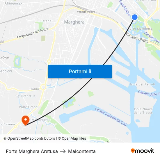 Forte Marghera Aretusa to Malcontenta map
