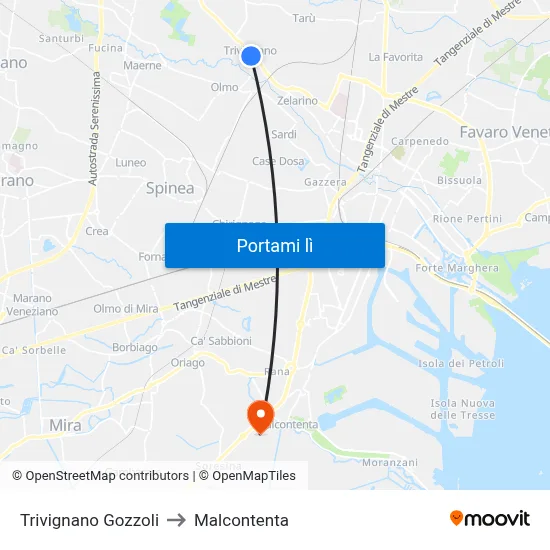 Trivignano Gozzoli to Malcontenta map