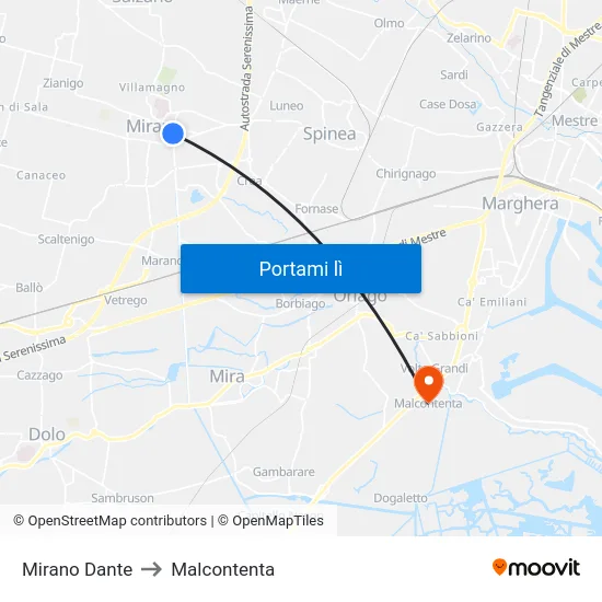 Mirano Dante to Malcontenta map
