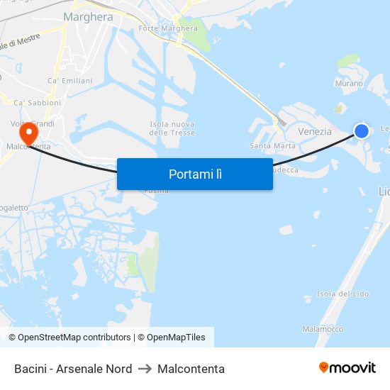 Bacini - Arsenale Nord to Malcontenta map