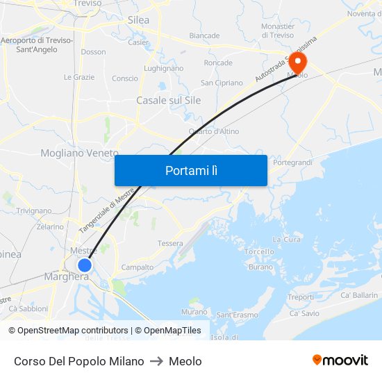 Corso Del Popolo Milano to Meolo map
