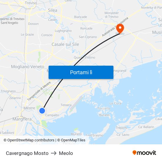 Cavergnago Mosto to Meolo map