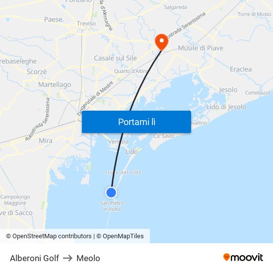 Alberoni Golf to Meolo map