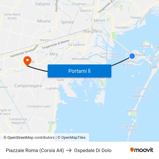 Piazzale Roma (Corsia A4) to Ospedale Di Dolo map