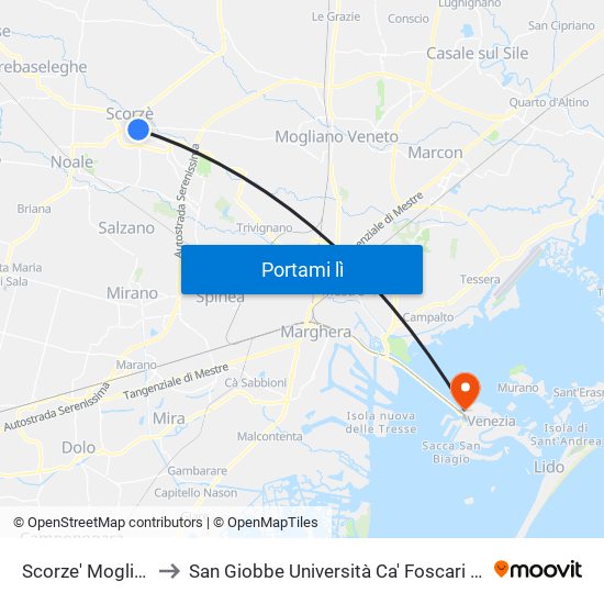 Scorze' Moglianese to San Giobbe Università Ca' Foscari - Economia map