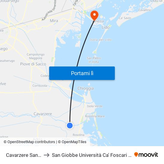 Cavarzere Sanpietro to San Giobbe Università Ca' Foscari - Economia map