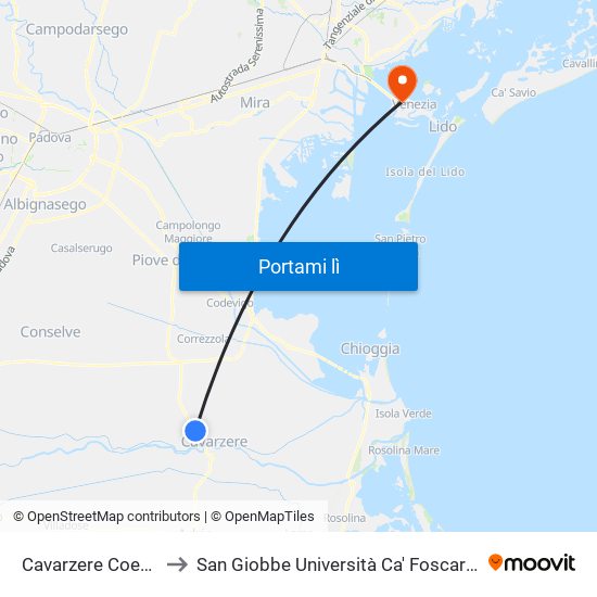 Cavarzere Coette Alte to San Giobbe Università Ca' Foscari - Economia map