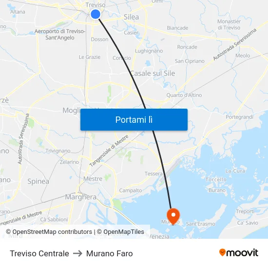 Treviso Centrale to Murano Faro map