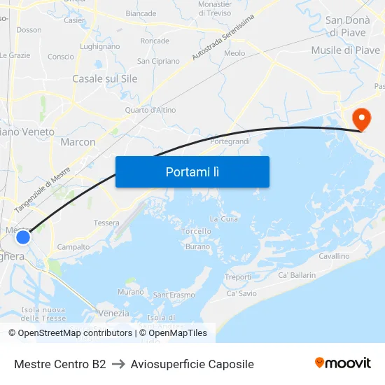 Mestre Centro B2 to Aviosuperficie Caposile map