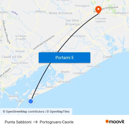 Punta Sabbioni to Portogruaro-Caorle map