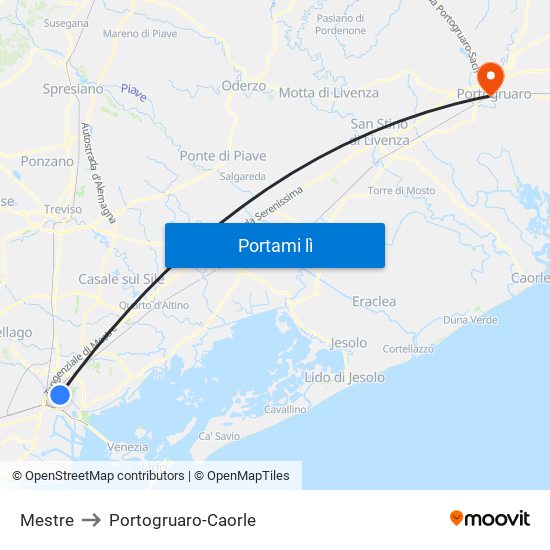 Mestre to Portogruaro-Caorle map