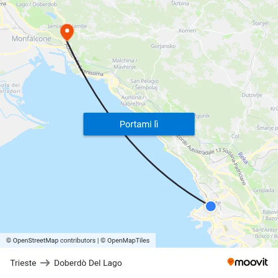 Trieste to Doberdò Del Lago map